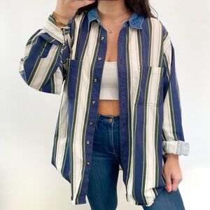 Vintage blue, green, and white tan striped button down shirt